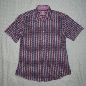Bugatchi Button Down Short Sleeve Adult L Black Orange Pink Purple Geometric Men